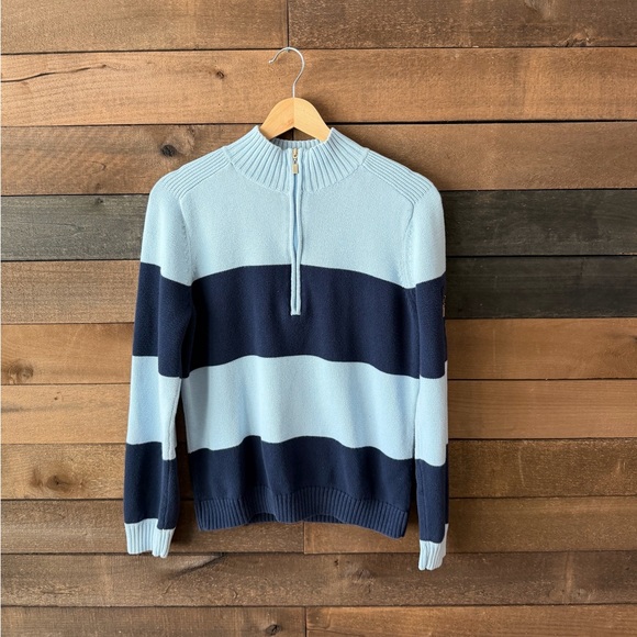 Y2K Liz & Co Cotton Quarter Zip Striped Sweater Blue Navy Large - Picture 3 of 9